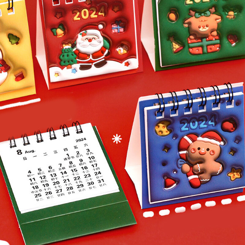 Mini 3D Cartoon Pattern Table Calendar, Decoração Desktop Student, Relógio Diário em Auto-Tolerância, Pequeno Calendário de Natal, 2024