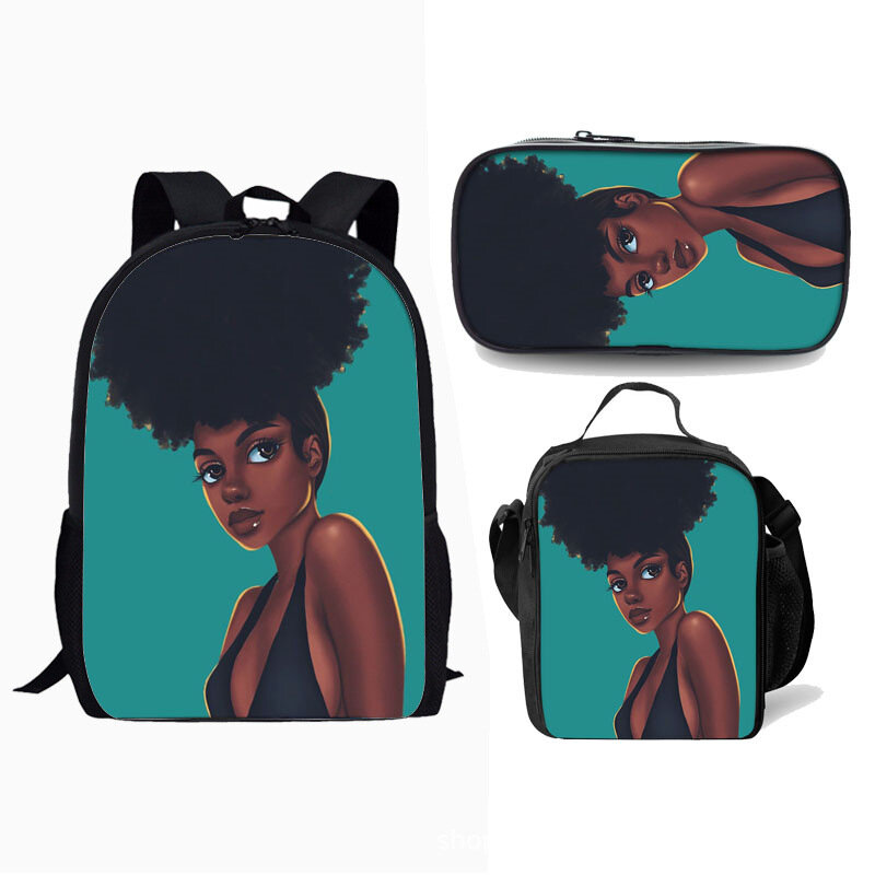 3D Print Black Girl School Bag, mochila para alunos, mochila para laptop, lancheira, estojo de lápis, novidade clássica, menina africana, 3 peças por conjunto