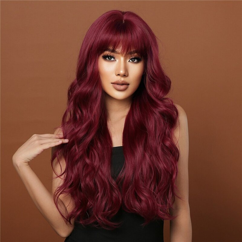 Винно-красные парики для женщин, длинные волнистые бордовые парики с челкой, косплей, Женский ежедневный парик, Синтетические Искусственные волосы, высокотемпературный парик