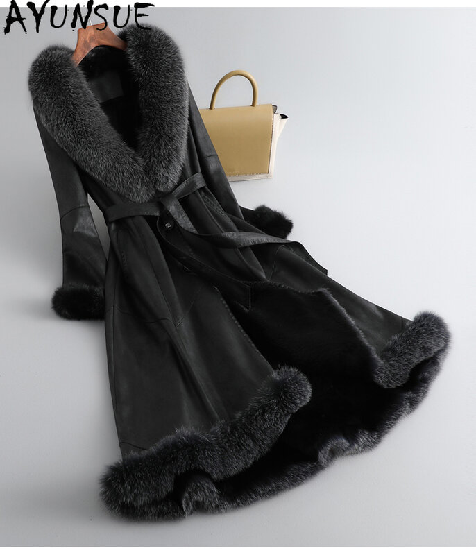Ayunsue-女性のための長い毛皮のコート,本物のウサギの毛皮のコート,裏地付きのスリムなジャケット,キツネの毛皮の襟,秋冬,2023