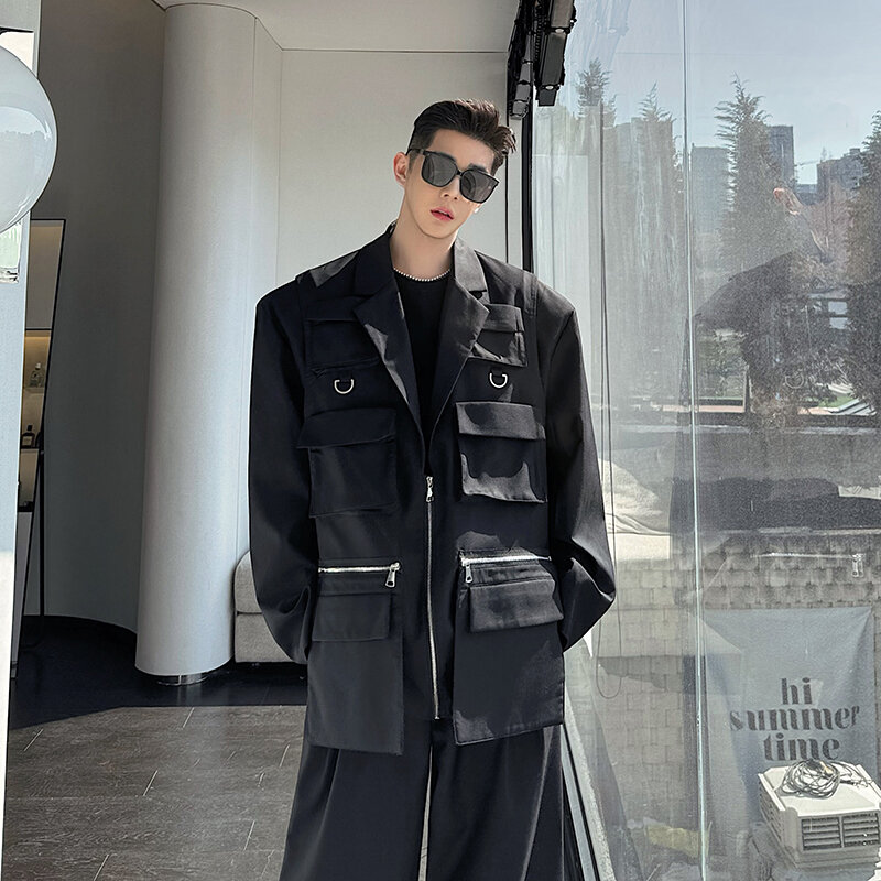 Jaqueta multibolso tridimensional masculina, blazers de manga comprida, blazers soltos e confortáveis, bonito na moda, primavera 2022