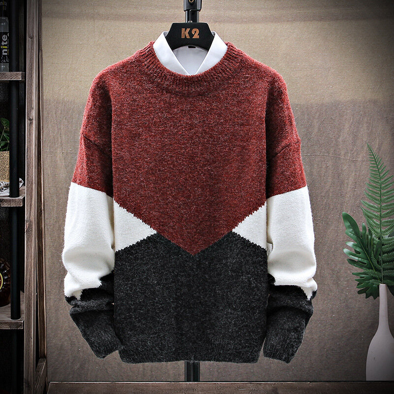 Осень-зима 2023, мужские пуловеры, свободные базовые свитшоты из искусственной кожи из двух частей с V-образным вырезом, толстый теплый вязаный шерстяной свитер