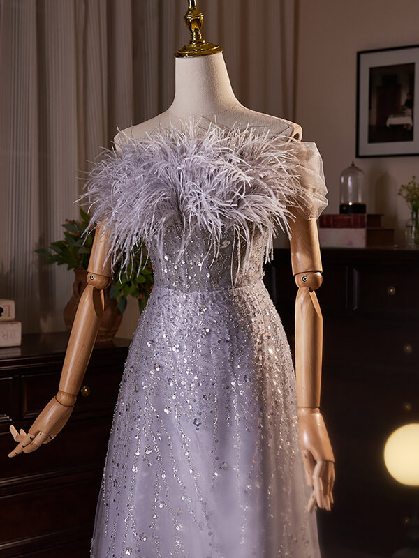 Nowa dostawa fioletowe sukienki wieczorowe z piórami w kształcie ukosa 2024 wysokiej jakości suknia z koralikami na przyjęcie weselne dla kobiet