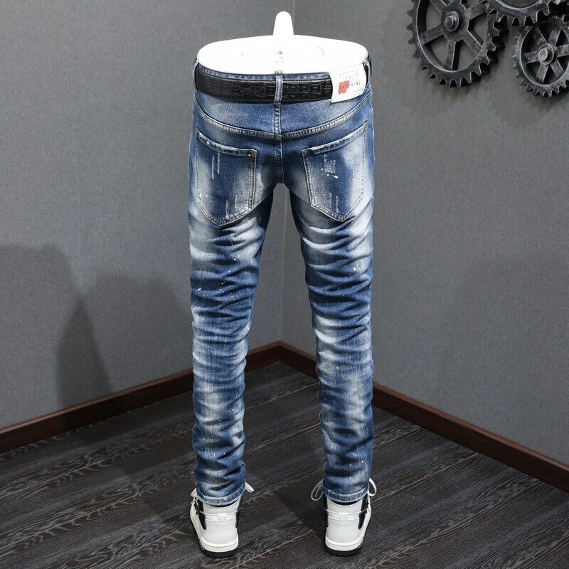 Modne męskie jeansy niebieskie w stylu Retro elastyczne rozciągliwe dopasowanie dopasowane porwane jeansy męskiego patchworku w stylu Vintage spodnie dżinsowe Hombre