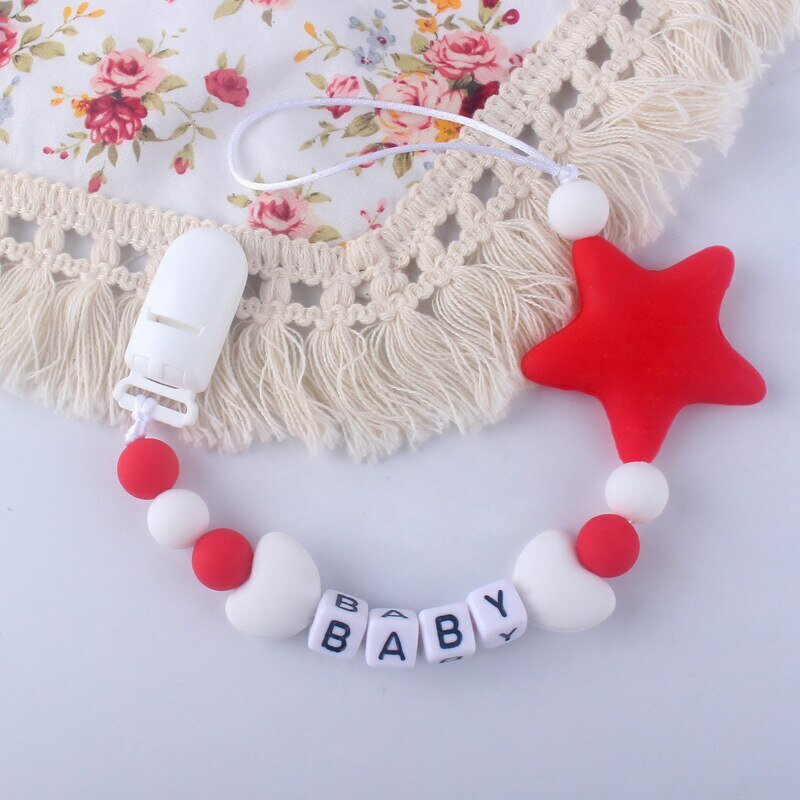 Cadena de chupete de bebé con nombre personalizado, cuentas de silicona con forma de estrella, soporte para chupete, Clips bonitos para chupete, cadena para chupete para bebé, masticar, BPA