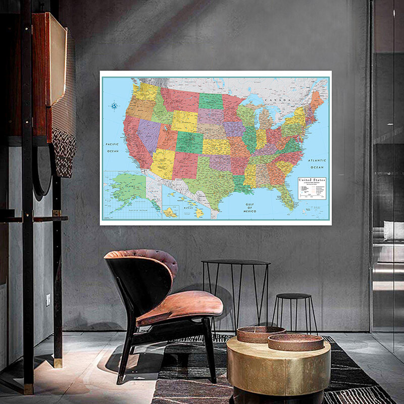100*70Cm Retro Amerika Administrasi Peta Cetakan Non-anyaman Kain Seni Gambar Ruang Dekorasi Perlengkapan Sekolah Dalam Bahasa Inggris