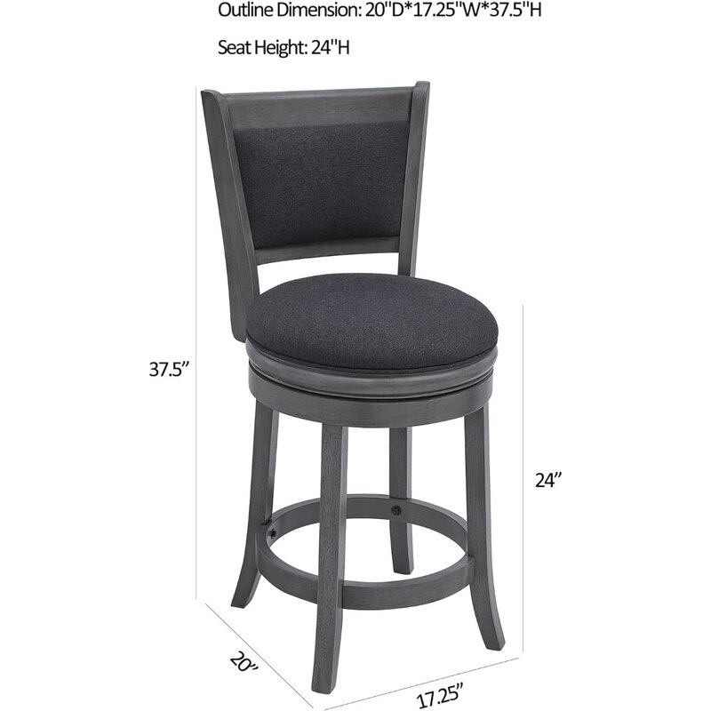 Вращающиеся барные стулья с обивкой, кухонные барные стулья, высота сидения 24 дюйма, стул с деревянной рамой, темно-серый (приблизительно)
