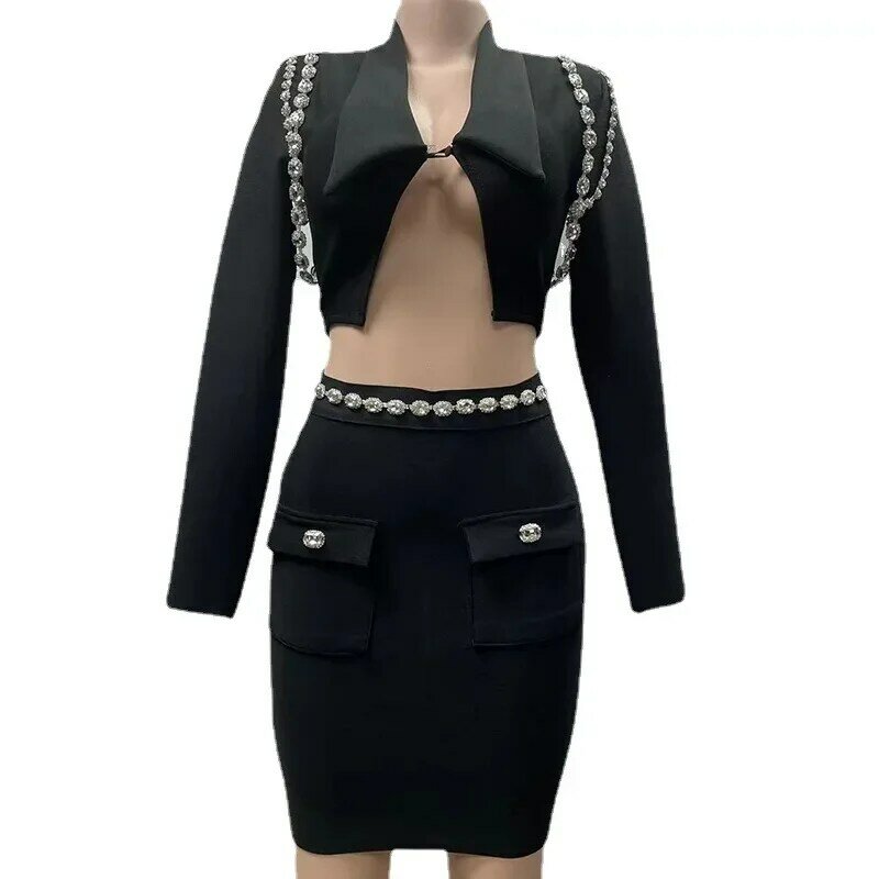 Sexy Crystal Luxury Women Suit Skirt Set Clothes Female Night Club Bar Wear Jacket Casual Hot Girl Coat Prom Dress Party Gown