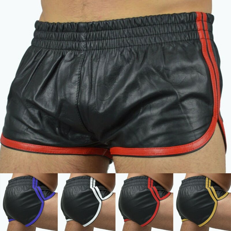 Сексуальные мужские облегающие мотоциклетные брюки в стиле панк из искусственной кожи, однотонные бриджи, мягкие шорты-боксеры, мужские трусы, шорты