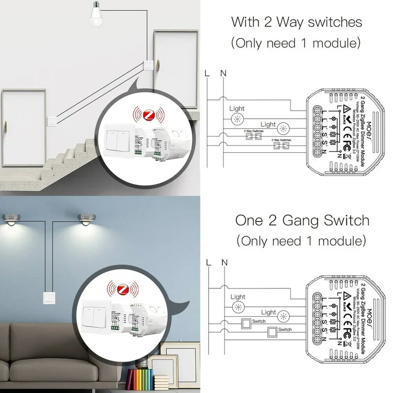 MOES-Módulo de interruptor de atenuación de luz para el hogar, minicontrolador inteligente de 1/2 entradas con aplicación Smart Life, Control por voz, compatible con Alexa y Google Home, Tuya ZigBee