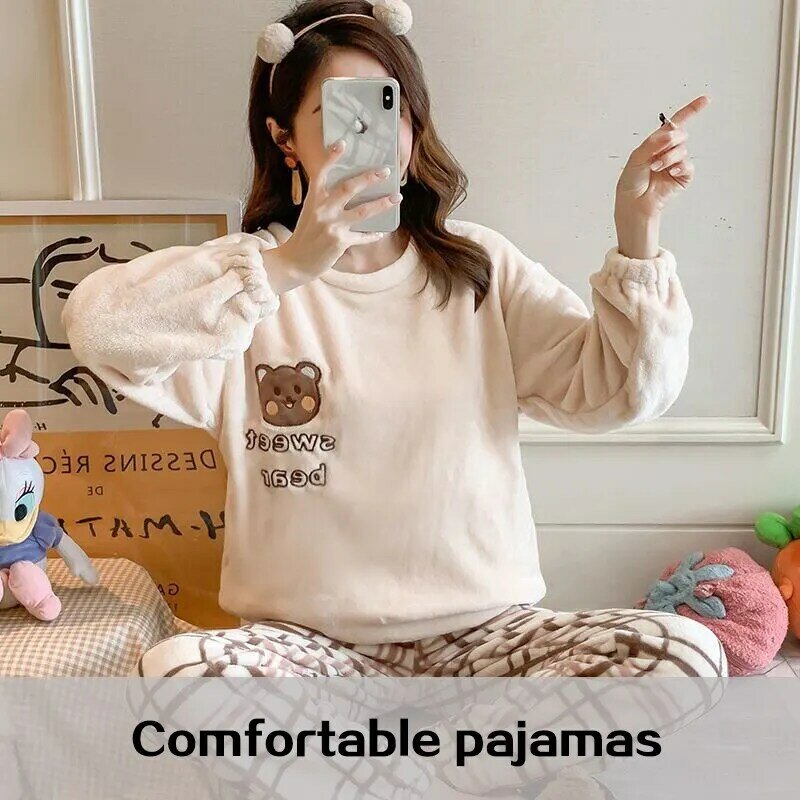 Conjunto de pijama dos desenhos animados feminino, Loungewear, Loungewear, espessado, manga comprida, quente, confortável, flanela, inverno, 2 peças