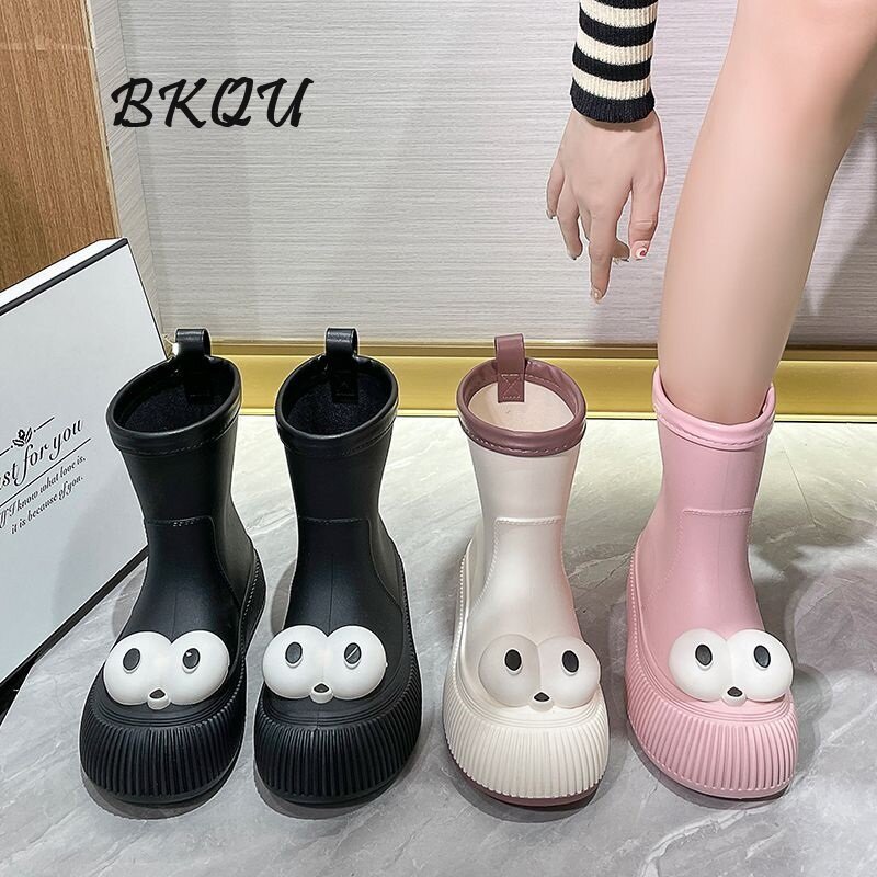 BKQU 2024 Cute Plus Fleece Moda dla dorosłych na zewnątrz do noszenia Śliczne środkowe antypoślizgowe kalosze Odporne na zużycie wodoodporne gumowe buty