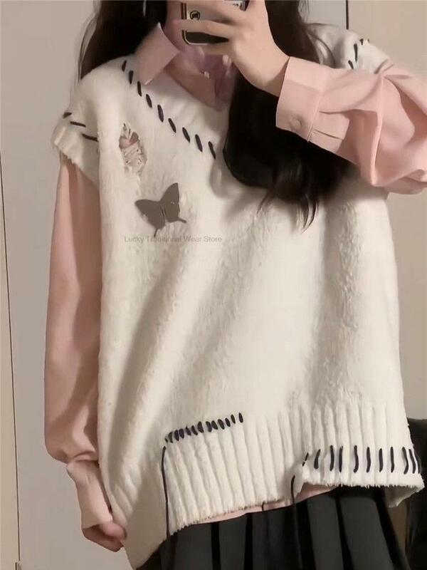 Koreański styl dwuczęściowy garnitur w stylu College Design Sense frędzel uniwersalny sweter w szpic kamizelka dziewczyna Jk kamizelka mundurek szkolny kamizelka