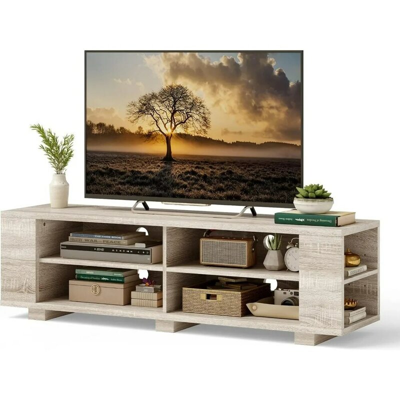 تلفزيون خشبي قائم بشاشة مسطحة 65 بوصة ، مركز ترفيه حديث مع 8 أرفف مفتوحة ، طاولة تلفزيون (بلوط أبيض)