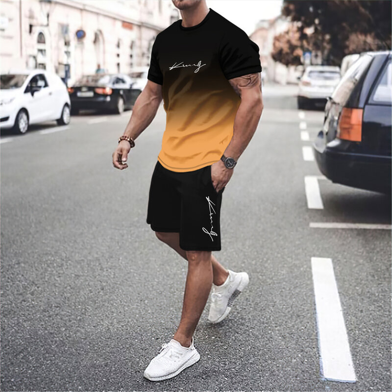 Men's 3D gradient short sleeved round neck T-shirt, fashionable casual top, sports suit