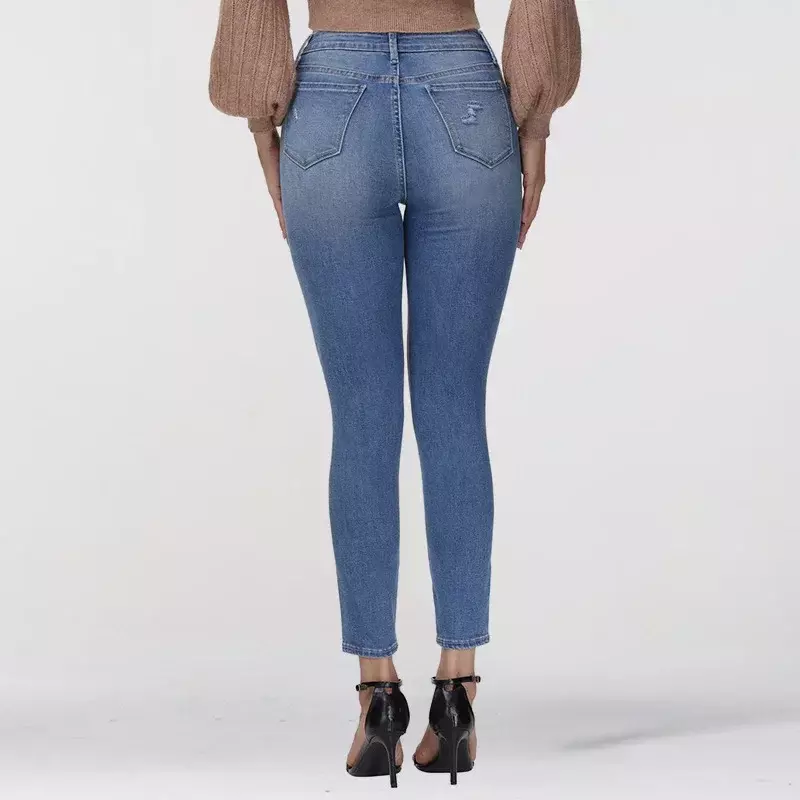 Jeans donna guaina in Denim lunghezza alla caviglia pantaloni a matita a vita alta fori lavaggio tasche Sexy Solid Regular Casual Zipper Fly