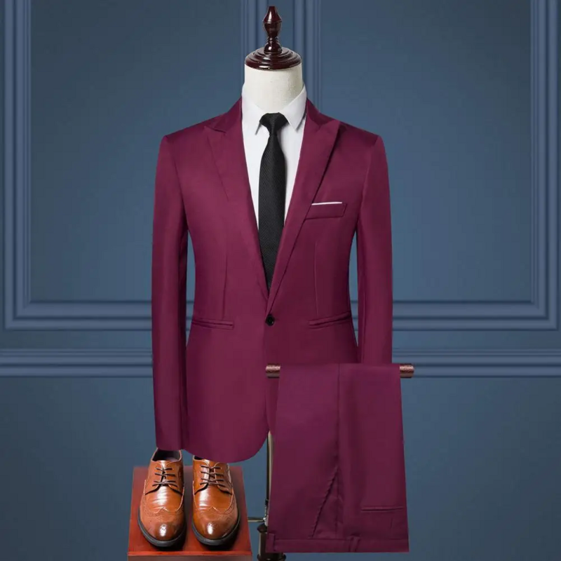 남성용 비즈니스 작업복 세트, 단색, 라펠 슬림핏 바지, 전문 사무실 복장, 세련된 룩
