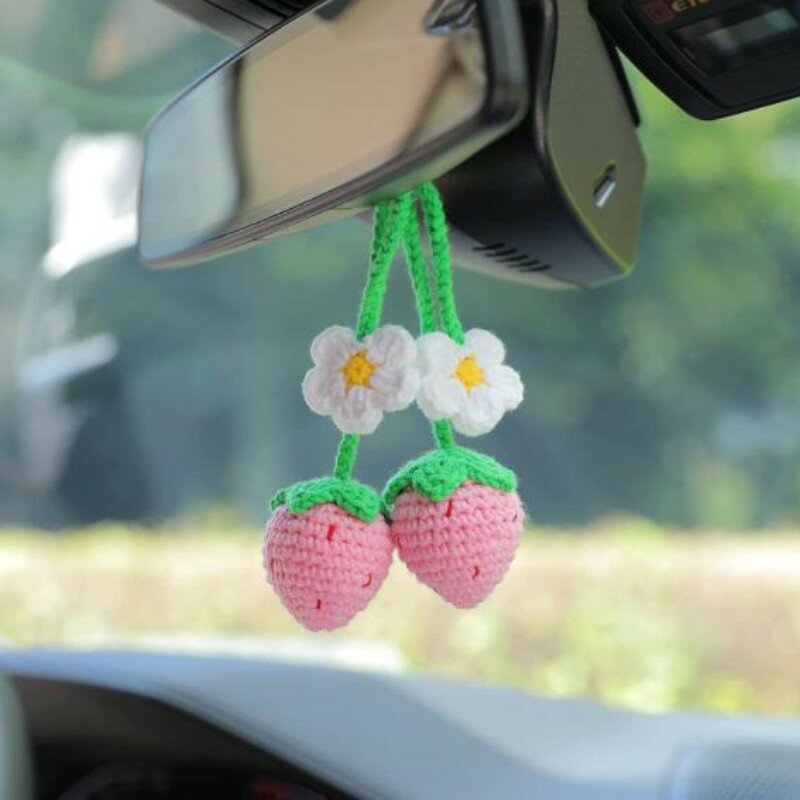 Ornement suspendu pour l'intérieur de la voiture, fleur d'orchidée tissée à la main, ornement mignon de miroir de vue de voiture, style de fraise, décor