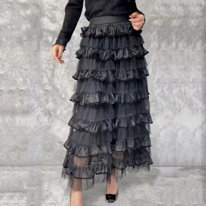 Женская длинная юбка с оборками, повседневная трапециевидная юбка с оборками, модель Q924 на осень