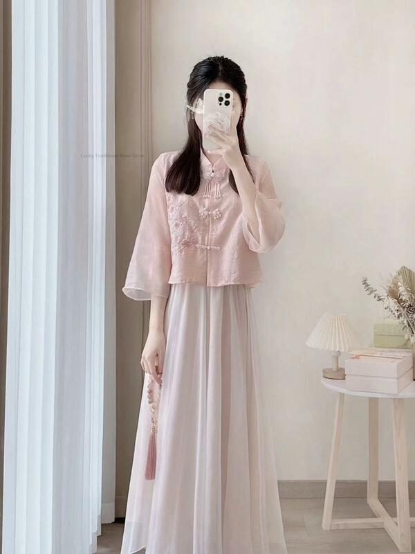 Vestido rosa novo estilo chinês das mulheres camisa bordada das mulheres melhorada Top e saia Hanfu Set Chiifon Cheongsam Vestido Set