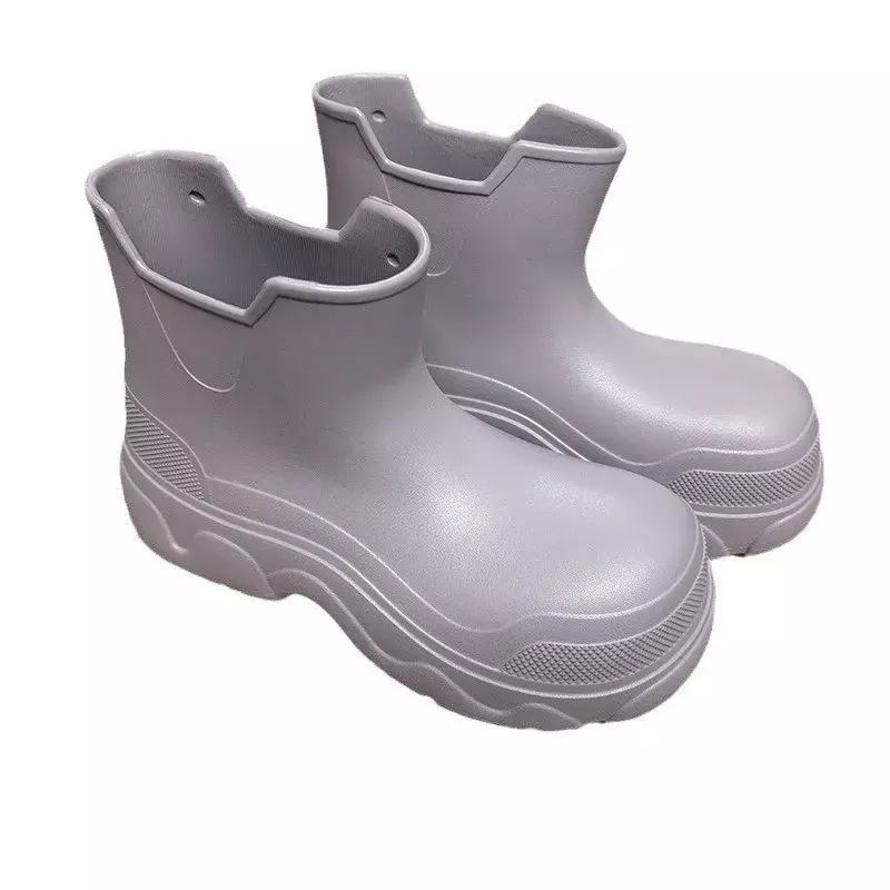 Botas de chuva antiderrapantes de tubo médio para mulheres, plástico, impermeável, desgaste exterior xadrez, borracha, sapatos de cozinha