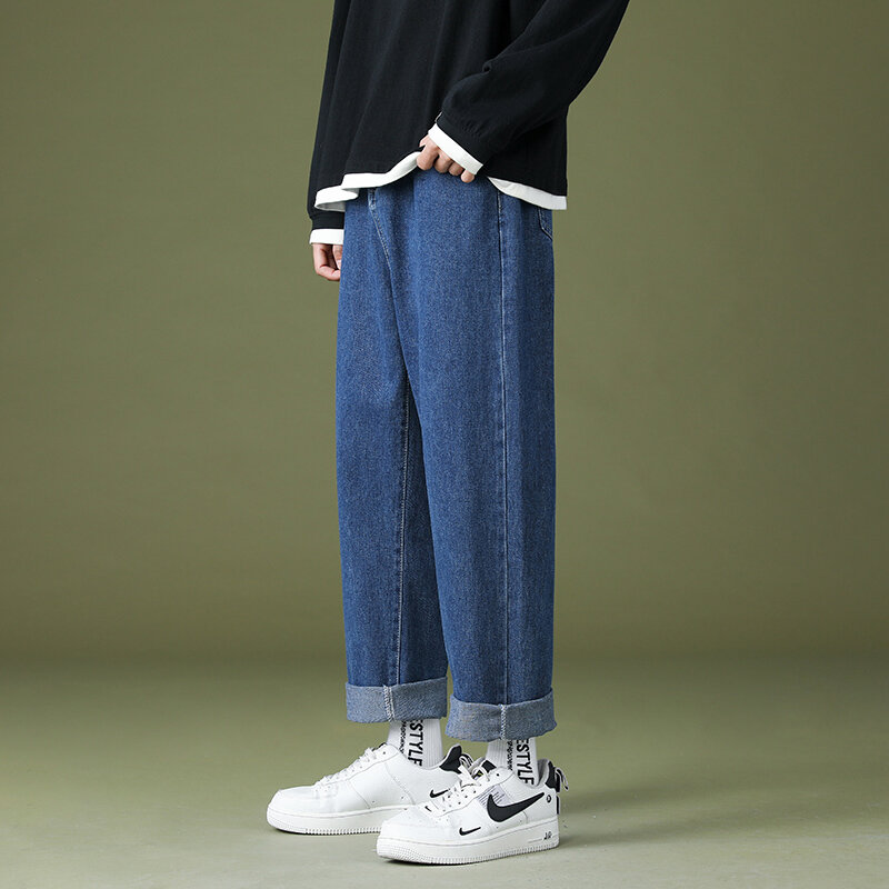 Celana panjang kasual dicuci untuk pria, Jeans elastis bertali warna polos, celana panjang kasual pinggang tinggi longgar baru musim semi Musim Panas 2024
