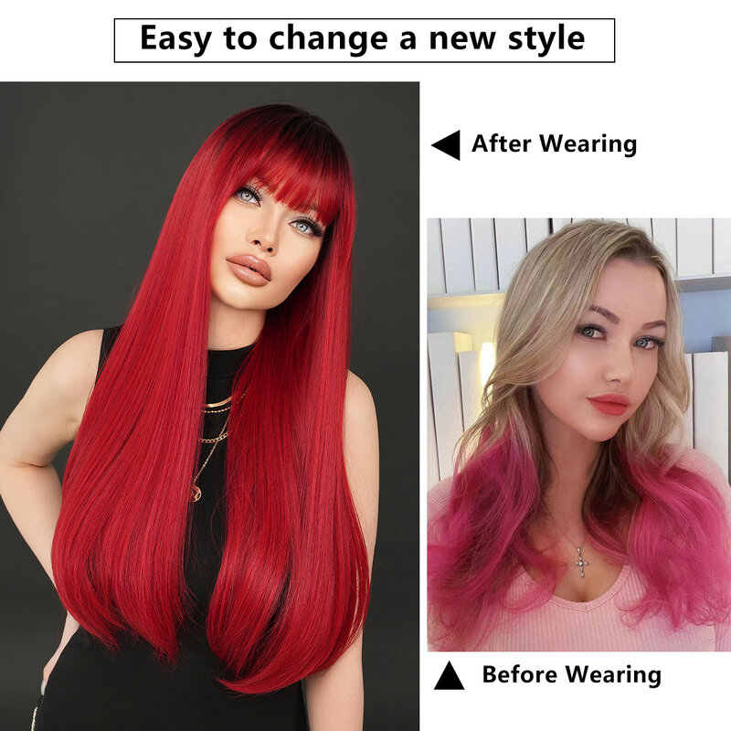 Длинные прямые темно-красные парики NAMM для женщин с темными корнями для ежедневного использования, высокоплотные синтетические термостойкие парики с челкой