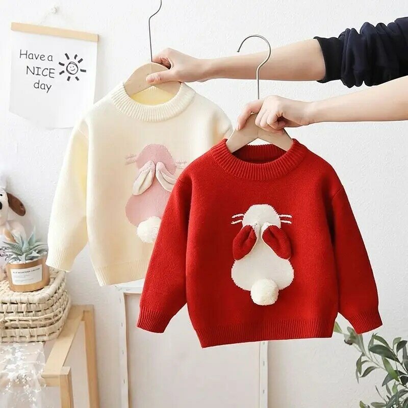 Camisola de coelho de pelúcia para meninas, suéter infantil mais recente, malha de bebê, moda, inverno e outono