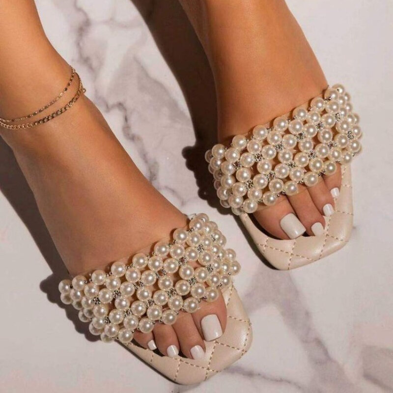 Comemore Fashion Solid Color Flat Sandals Ladies Shoe Summer Women's Shoes Plus Size 43 2024 Pearl Rhinestones Casual Slippers