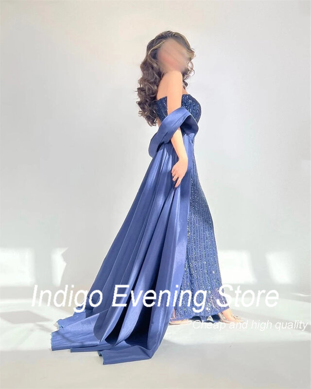 Robe de Rhen tulle indigo pour femme, sans bretelles, perles, élégante, robe de soirée formelle, robe de soirée pour femme, 2024
