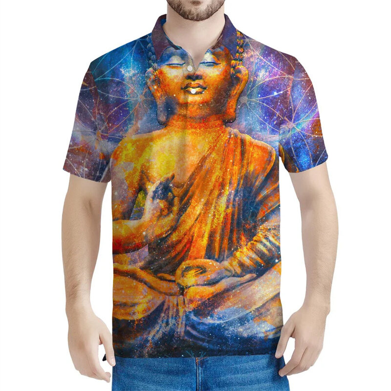 Patung Buddha 3D kaus Polo pria, kaus kerah jalan pola Buddhisme lengan pendek musim panas kancing longgar