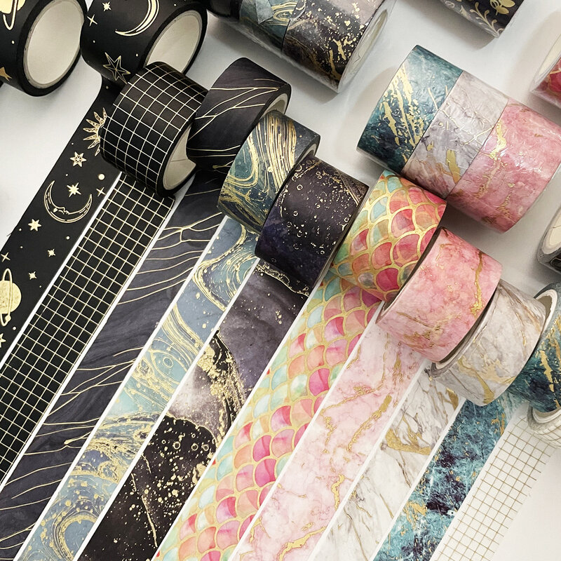 Set Selotip Washi Foil Emas 3 Buah Pita Perekat Penutup Dekoratif Pola Marmer Bintang untuk Perencana Jurnal Pembungkus Hadiah Kerajinan Diy