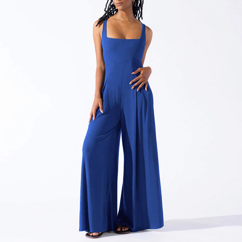 2024 New Fashion Knitted Sexy Suspender Wide Leg Jumpsuit Women's Solid Color Casual Suit Full Set