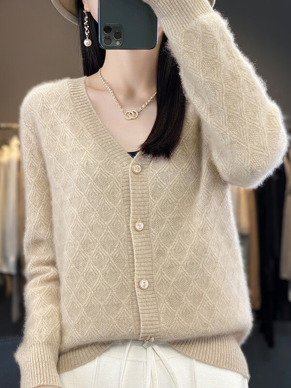 Fashion musim semi 100% Merino wol wanita leher V kardigan kasmir Sweater 2024 Pakaian Wanita rajutan anggun atasan Korea