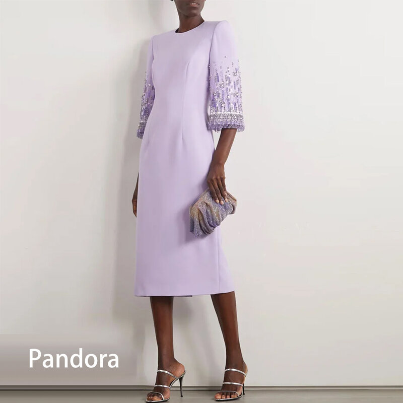 Pandora Elegant purple Saudi Arabian women's formal evening dress O-neck STRAIGHT half-sleeve Tea-Length crystal wedding dress