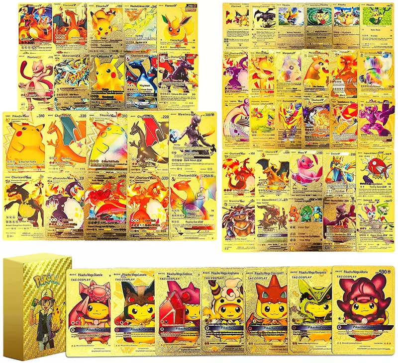27-110 buah kartu Pokemon Pikachu emas perak hitam warna-warni Vmax GX Vstar Bahasa Spanyol Inggris Perancis Jerman koleksi kartu mainan hadiah