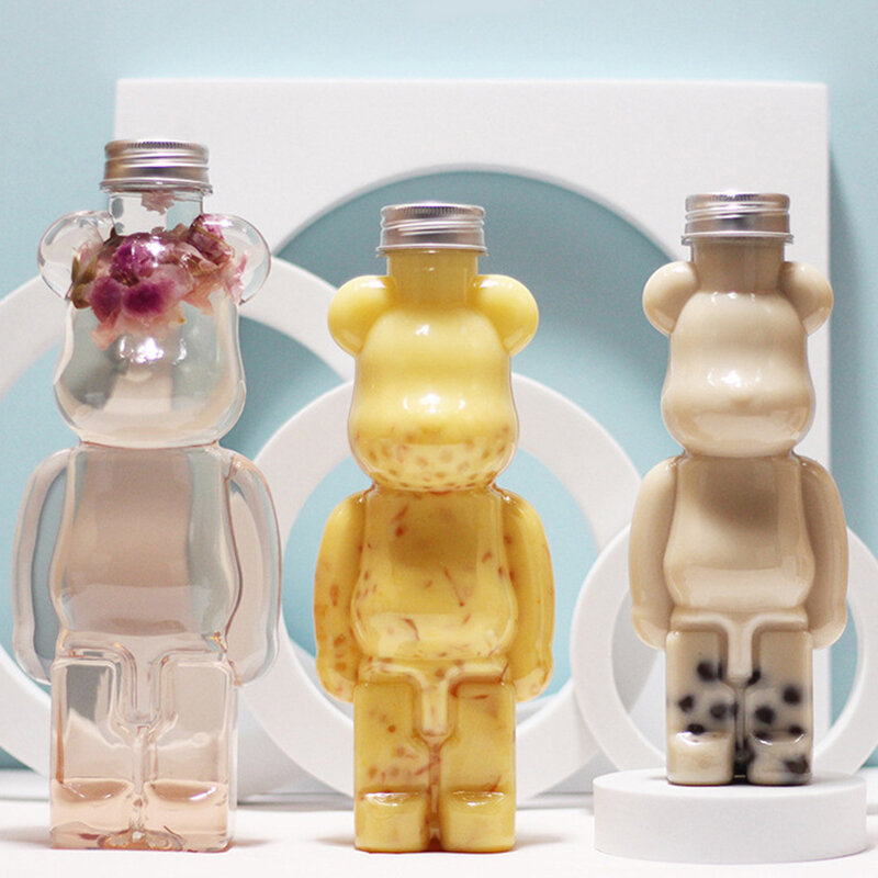 Milk Tea Bottle Puppet Bear Shaped Transparent Thickened Juice Bottle Creative Puppet Bear Cup Milk Tea Milk Cup Water Bottle