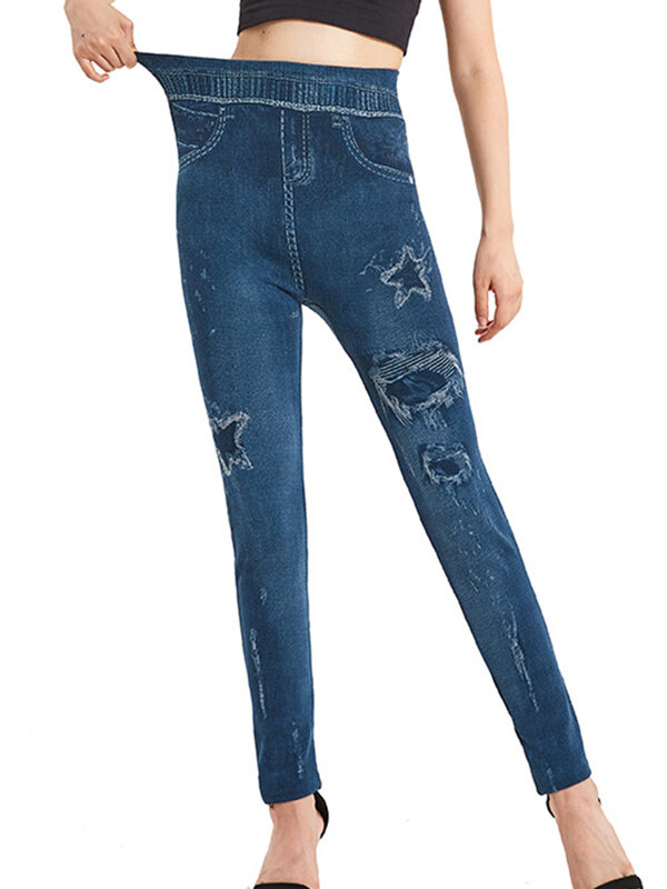 Jeans falsos sem costura yoga leggings para mulheres, jeggings macios, imitação de denim elástico alto, calça lápis, Star Design