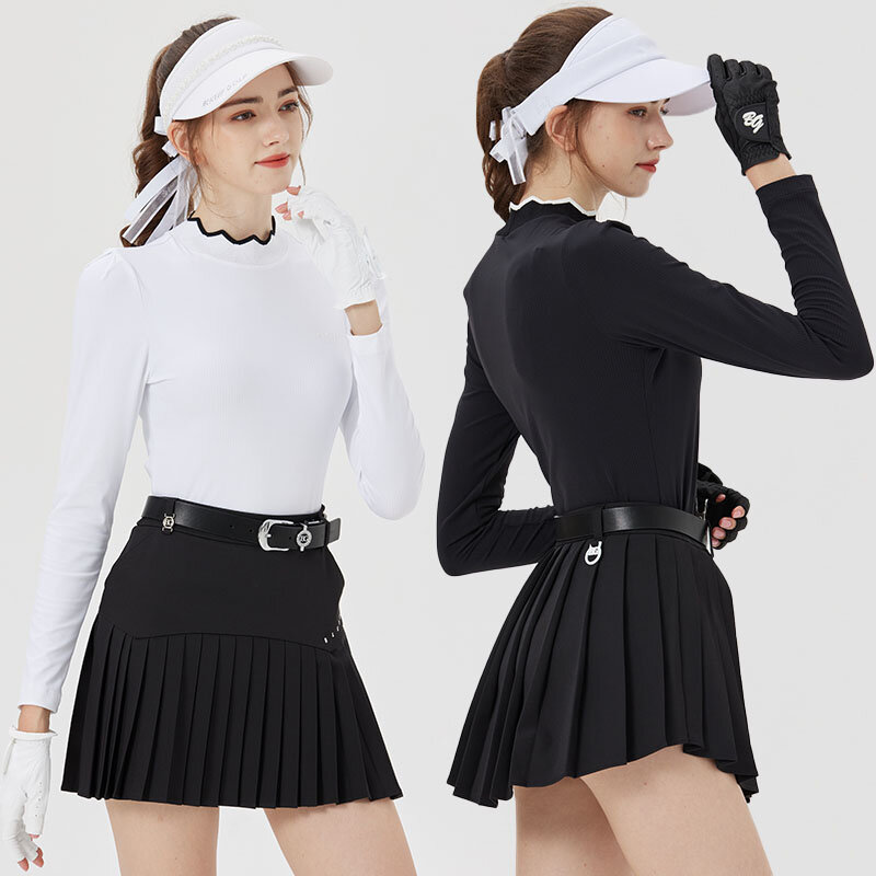 Blktee Winter Women Full Sleeve Slim Golf Shirts Ruffles Collar Tops Autumn Female Irregular Pleated Skirts Stretch Culottes Set
