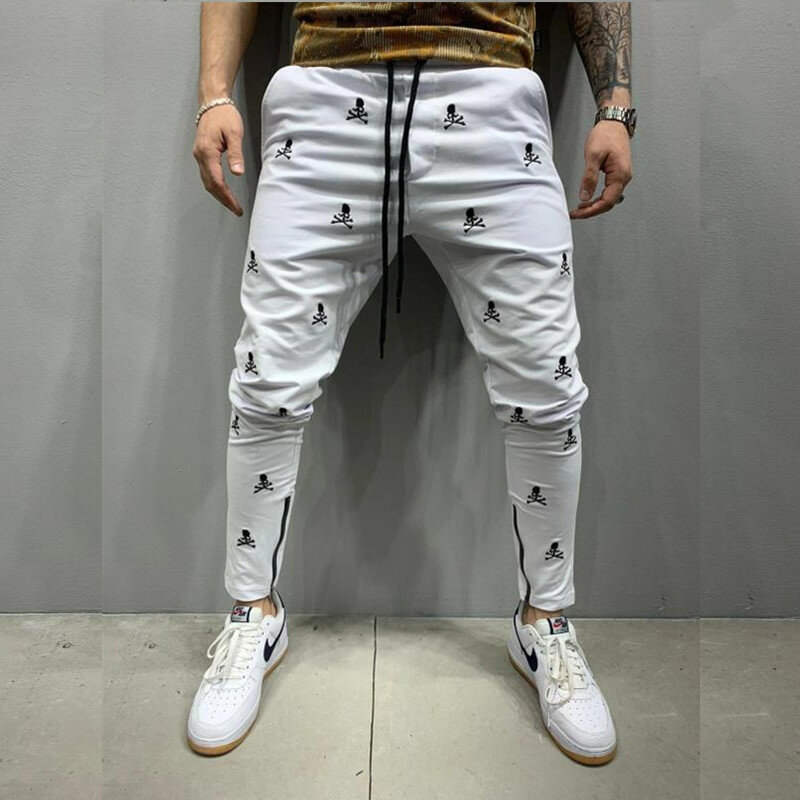 Pantalones tácticos de Jogging para hombre, pantalón informal ajustado con bordado de calavera Harajuku, estilo Hip Hop, con cremallera, color negro, novedad
