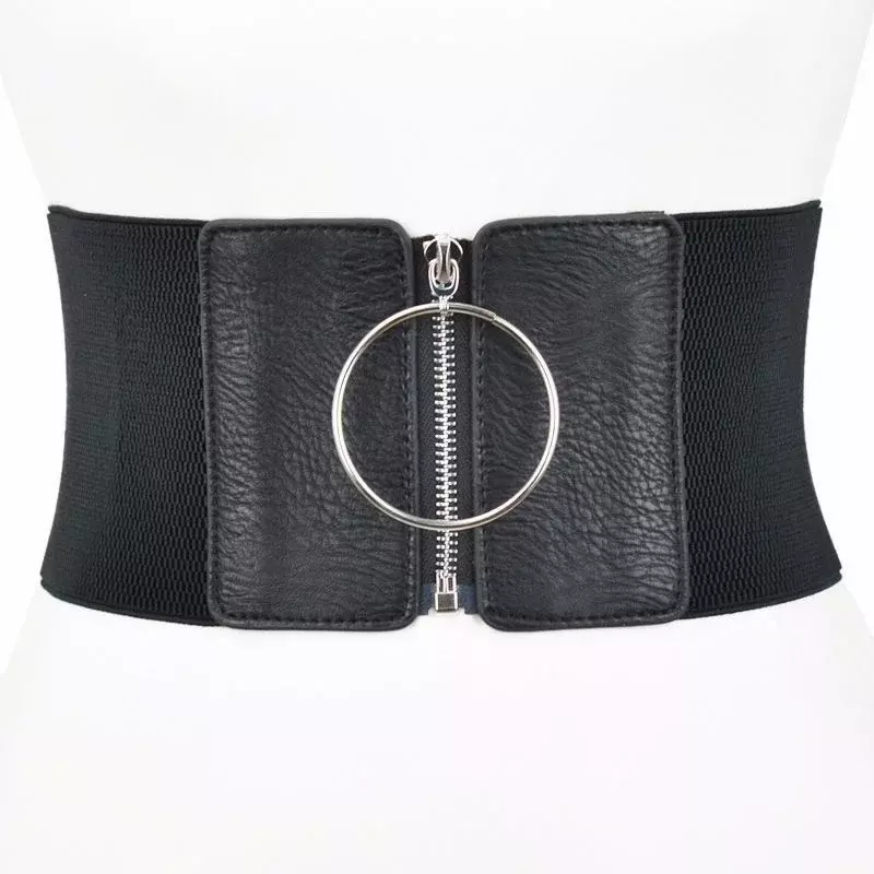 Cinturón Ultra ancho para mujer, cinturones elásticos para vestidos, anillo circular de Metal grande, correa de cintura negra, 2024