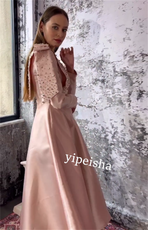Satin Draped Beading Bow Valentine's Day A-line O-Neck Bespoke Occasion Gown Midi Dresses