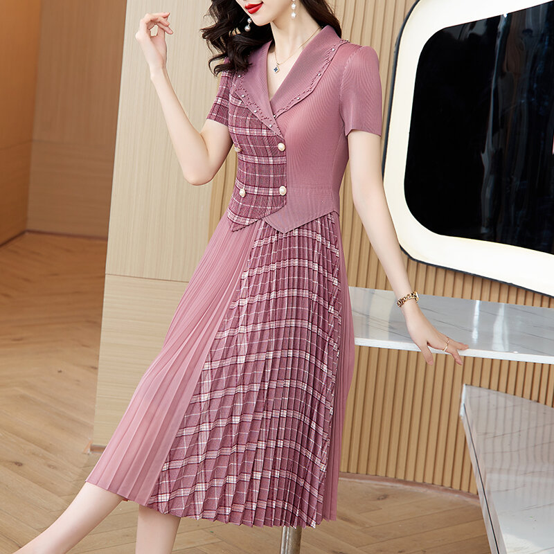 Sanzhai-Vestido feminino plissado, saia até o joelho, terno de seda xadrez estampado, colarinho com pino remendado, verão, novo, 2023