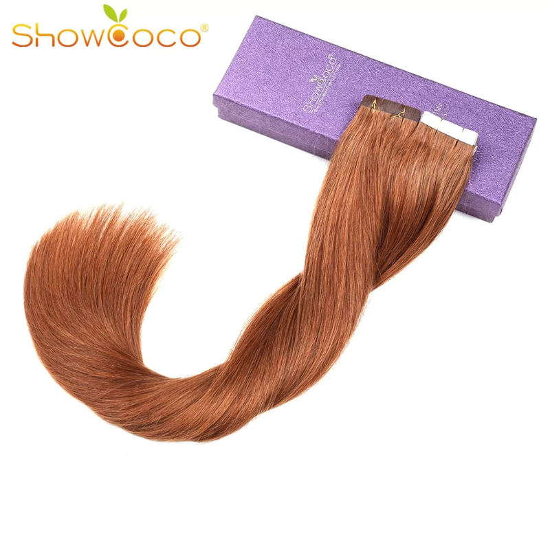 ShowCoco-Tape em extensões de cabelo humano, 100% cabelo remy, invisível, dupla face, fita azul, cores escuras para cabelos finos, 20 unid, 12 in-24 in