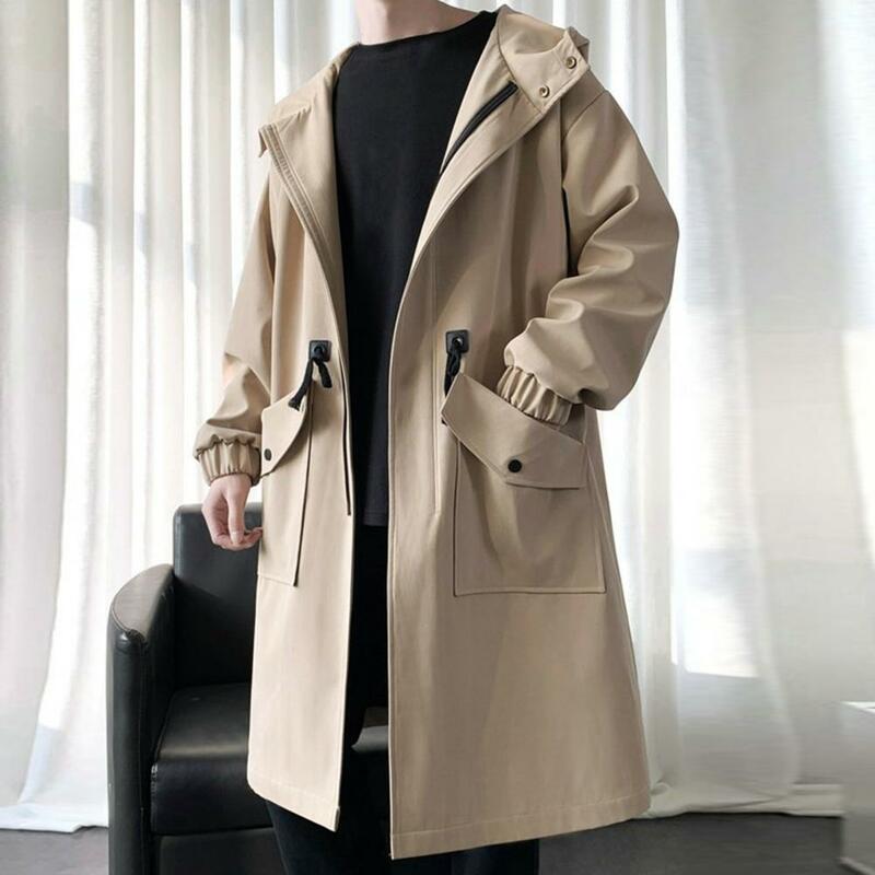 Abrigo de manga larga con cremallera para hombre, gabardina con capucha y bolsillos grandes, diseño a prueba de viento, longitud media, sólido