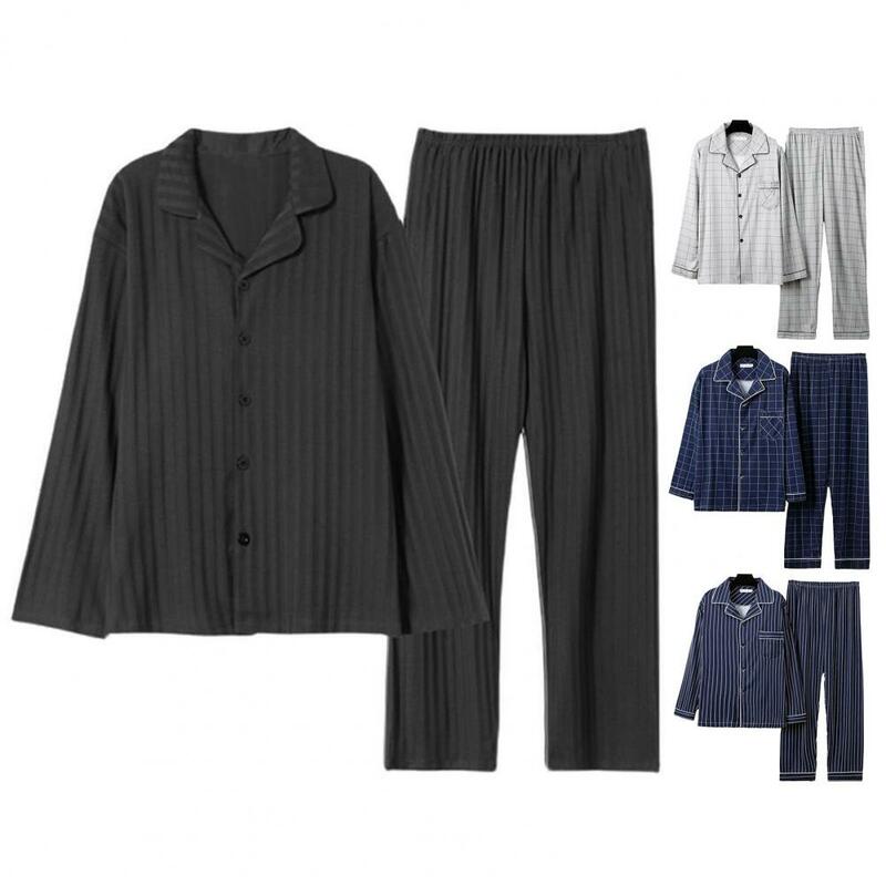 Conjunto de pijama de lapela impresso masculino, estampa xadrez listrada, lapela colorida para roupas masculinas, outono e inverno
