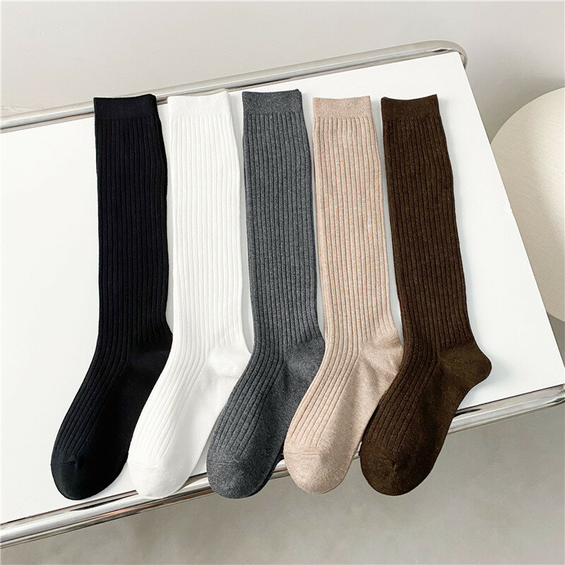 Trends New Spring Women's Stockings Casual Preppy Style Knee High Socks Female High Quality Cotton Solid Color Long Socks Comfy