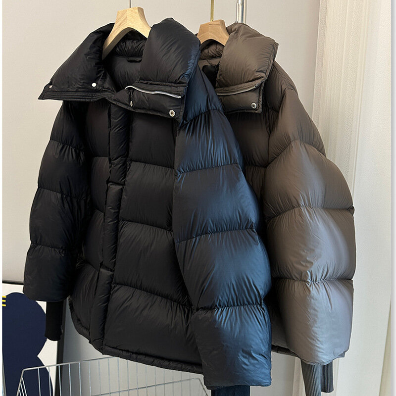 미니멀리스트 다운 재킷, 긴팔 라펠 칼라, 헤어리스 칼라, 짧고 두꺼운 루즈핏 재킷