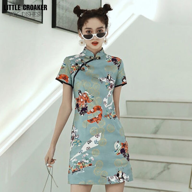 Cheongsam curto de qipao feminino, mini vestido de verão, modificado chinês, chinoiserie jovem estudante, novo, 2022