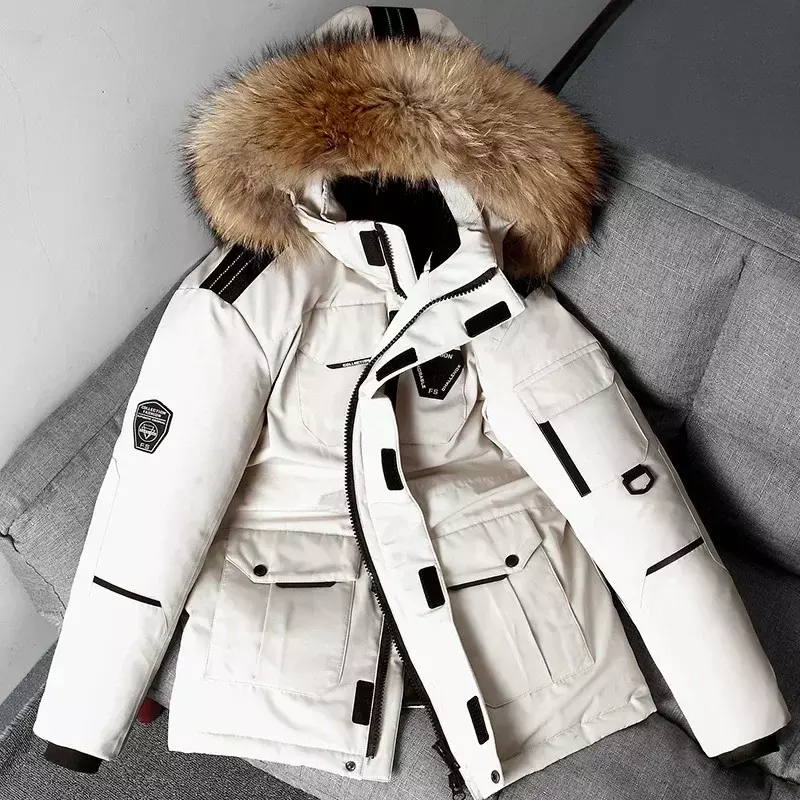 Winter Mens Down Jacket 90% White Duck Down Parkas Coat Mid-length Fur Collar  -30 Degree Keep Warm Male Thicken Snow Overcoats